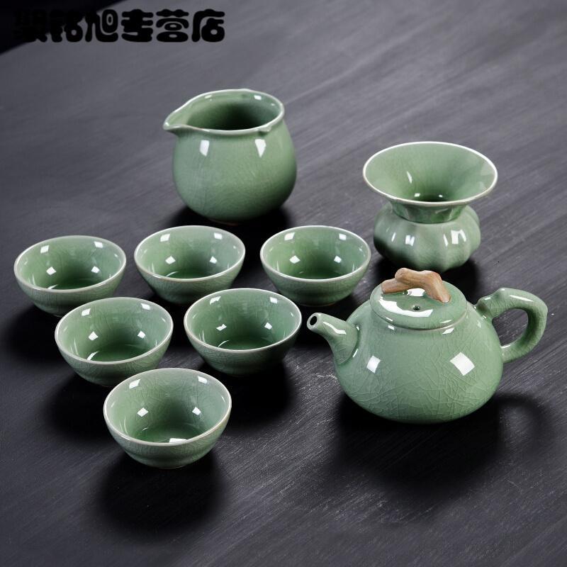 汝窑功夫茶具套装陶瓷简约家用冰裂釉整套茶杯泡茶壶创意茶具整套简约天青冰裂9
