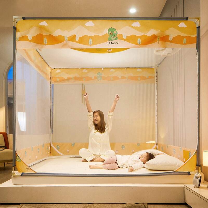 坐床式加高方顶印花蚊帐双重防摔蚊帐儿童家用加密帐纱床笠款