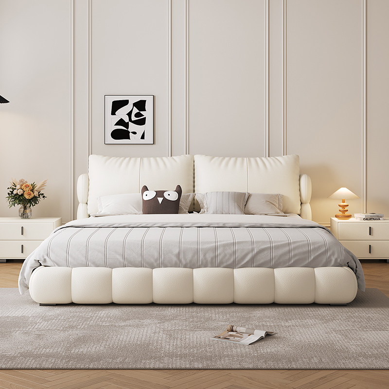 冬熊2023新款真皮床轻奢现代奶油风泡芙软包婚床双人主卧高端大气-bc