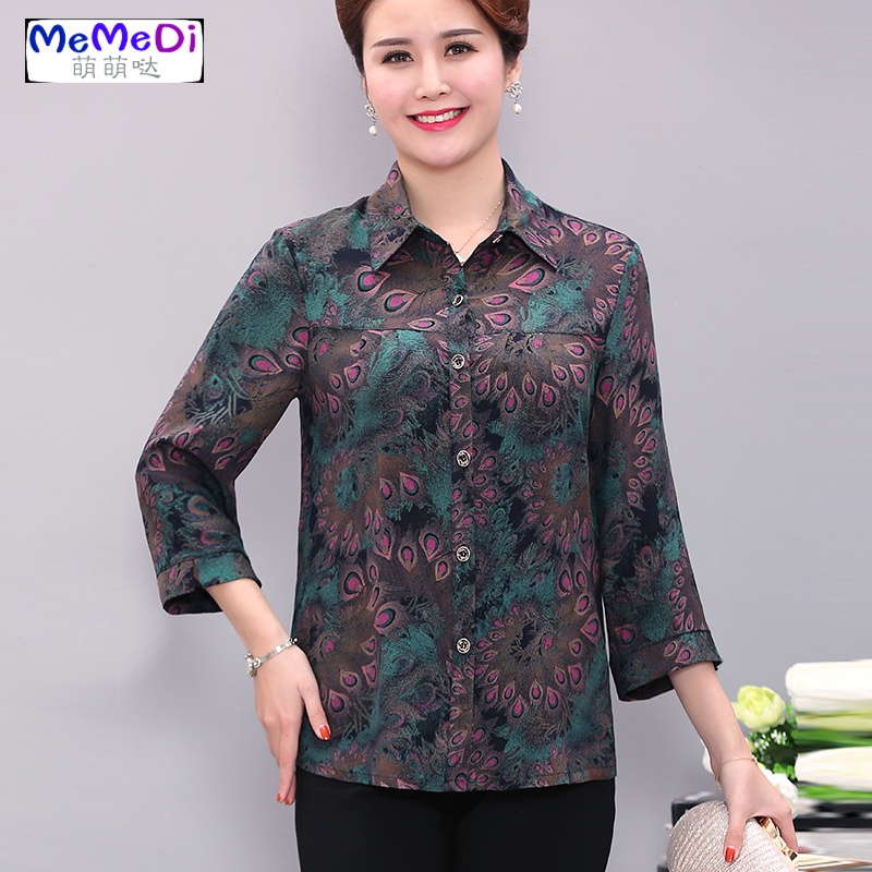 春棉绸女衬衫长袖新款中老年大码女装宽松妈妈上夏季人造棉衬
