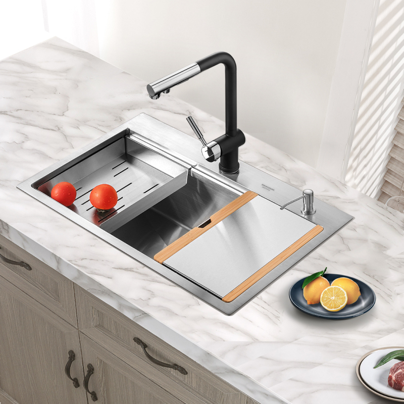 美仕杰水槽304不锈钢厨房大单槽手工加厚水槽阶梯式单水槽洗菜盆洗碗