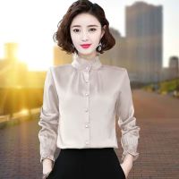 雪纺衬衫女长袖缎面立领气质2021春秋季新款高端百搭打底洋气衬衣 5012杏色 S 建议80-95斤