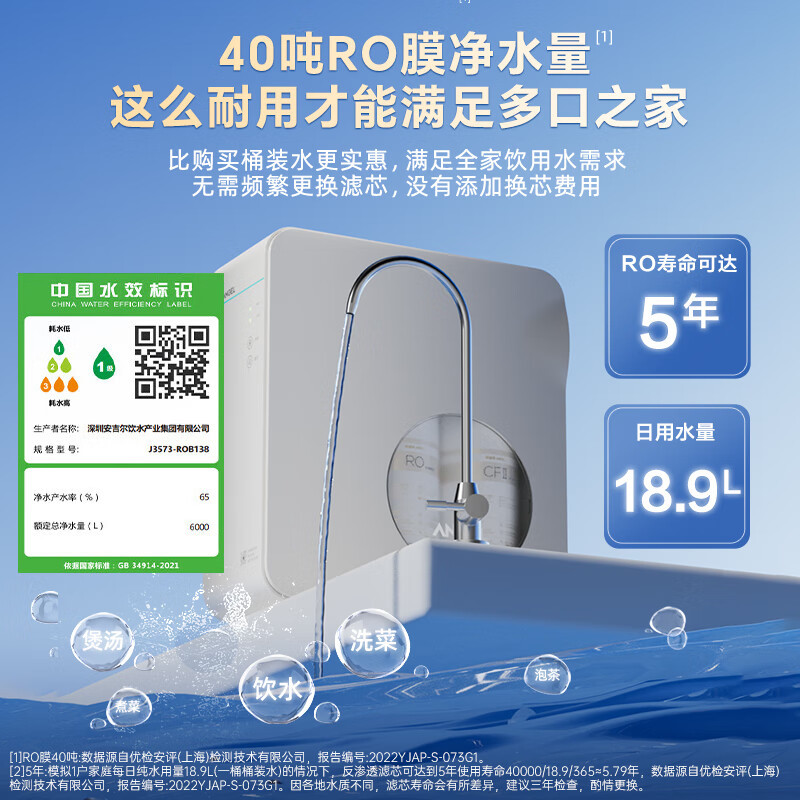 安吉尔净水器家用净水机魔方Pro2900 5年长效RO反渗透膜直饮机J3573-ROB138大流量
