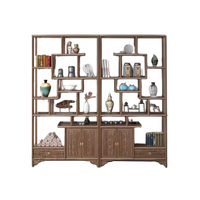 晋舰 博古架多宝阁茶叶架子新中式客厅办公室隔断置物架两门一斗博古架