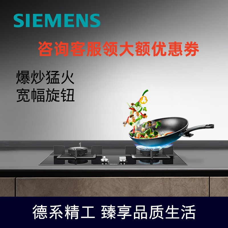 西门子ER8KJF23MP燃气灶天然气灶5.0kW大火力双灶灶具台嵌两用灶台 钢化玻璃面板猛火高效蒸饭柜