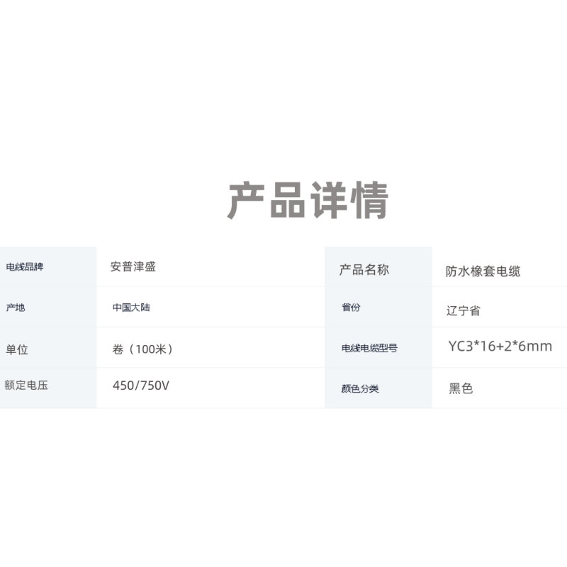 安普津盛 防水橡套电缆 YC3*16+2*6mm 额定电压450/750V 卷高清大图