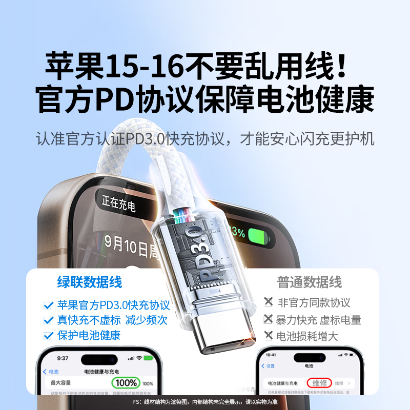 绿联(UGREEN)苹果16/15充电线Type-C数据线双头PD60W快充c to c车载 3米高清大图