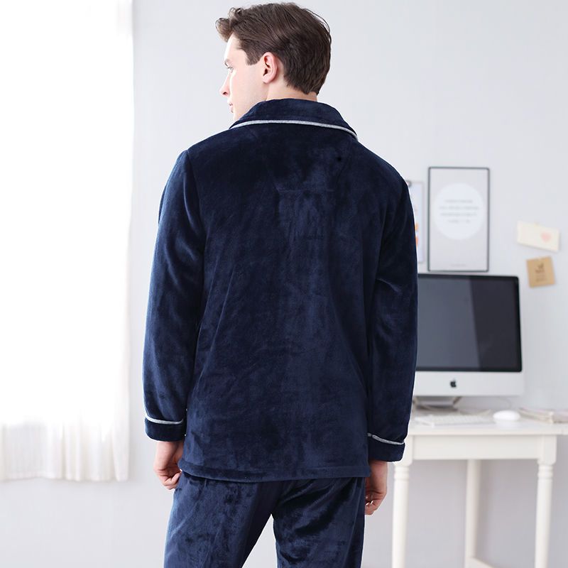 冬季珊瑚绒睡衣男加厚加绒开衫长袖保暖法兰绒大码家居服套装