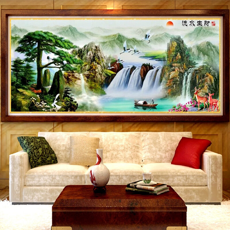 新款印花十字绣客厅风景山水画流水生财福禄寿迎客松十字绣刺绣满绣装束啊中格3股150*63cm棉线