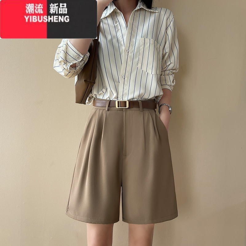 YIBUSHENG卡其色西装短裤女季薄款高腰显瘦宽松直筒休闲中裤阔腿五分裤子高清大图