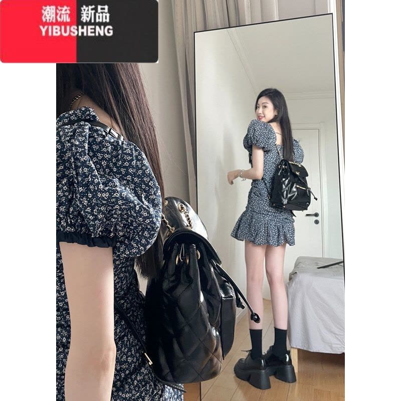 YIBUSHENG蓝色碎花连衣裙女新款桔梗法式设计感收腰显瘦泡泡袖一字肩短裙图片