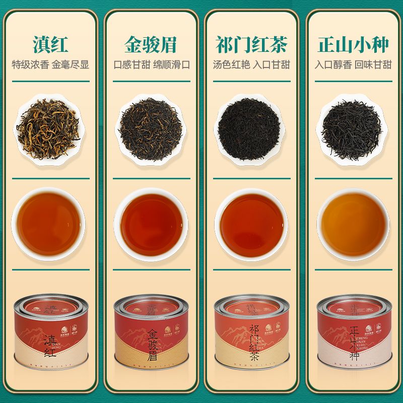 狮峰牌四大茗茶红茶浓香型罐装组合装(金骏眉+正山小种+云南滇红+祁门红茶各一罐)高清大图