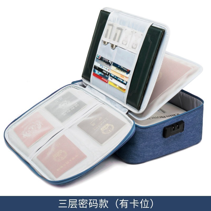 家柏饰(CORATED)多层收纳包盒家庭大容量多功能箱档案文件护照卡包资料整理袋 深蓝色-三层密码款（有卡位）