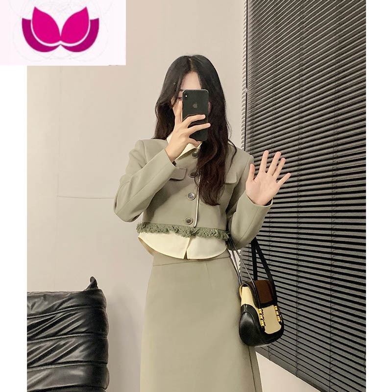 七斓法式复古高级感假毛呢外套高腰半身裙套装时尚套套 L 浅绿