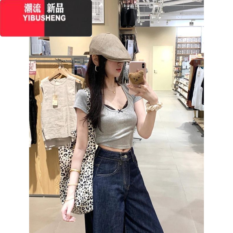 YIBUSHENG纯欲假两件蕾丝短袖t恤女季设计感小众修身短款纯欲甜辣小上衣