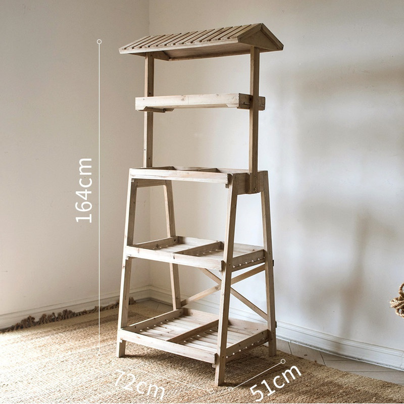 美帮汇大型实木花架置物架装饰陈列展架多功能复古杂货花园阳台 实木展示架(四层+屋檐)高清大图