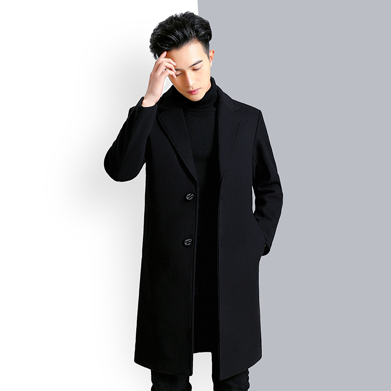 新款秋冬羊毛呢大衣男中长款无羊绒无双面呢男士呢子外套商务风衣 hn