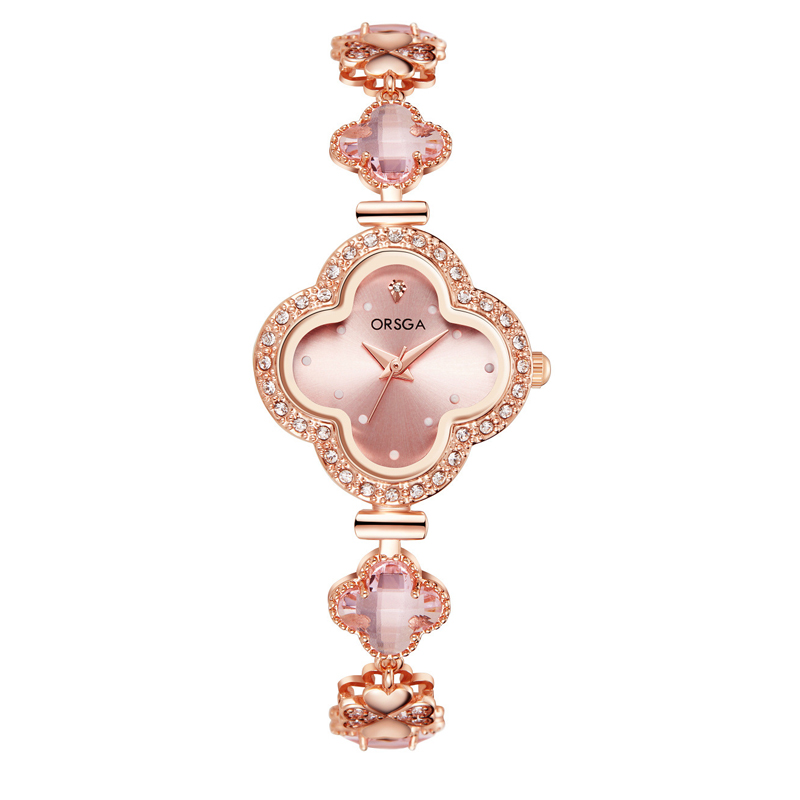 ORSGA手表女ins风文艺简约潮流防水时尚款韩版四叶草石英表防水学生女表9909L 粉色四叶草链条表