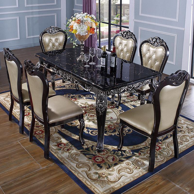 森美人欧式实木刻长方形橡木法式大理石餐厅餐桌椅餐椅C19 011一桌六椅