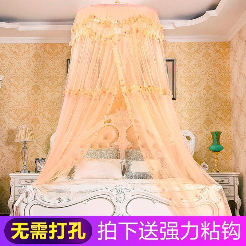 家柏饰(CORATED)圆顶吊顶蚊帐公主风吊挂式圆形1.2米1.5m/1.8m床幔双人家用免安装 韩式小花-玉色 1.2m（4英尺）床