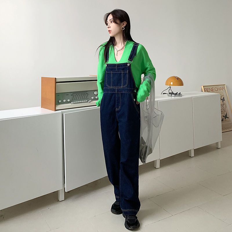 斯尔丽牛仔阔腿背带裤秋夏季韩版高腰宽松减龄拖地牛仔背带裤女