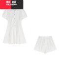 YIBUSHENG学院风白色短袖衬衫连衣裙女装季法式收腰a字裙小个子百褶短子