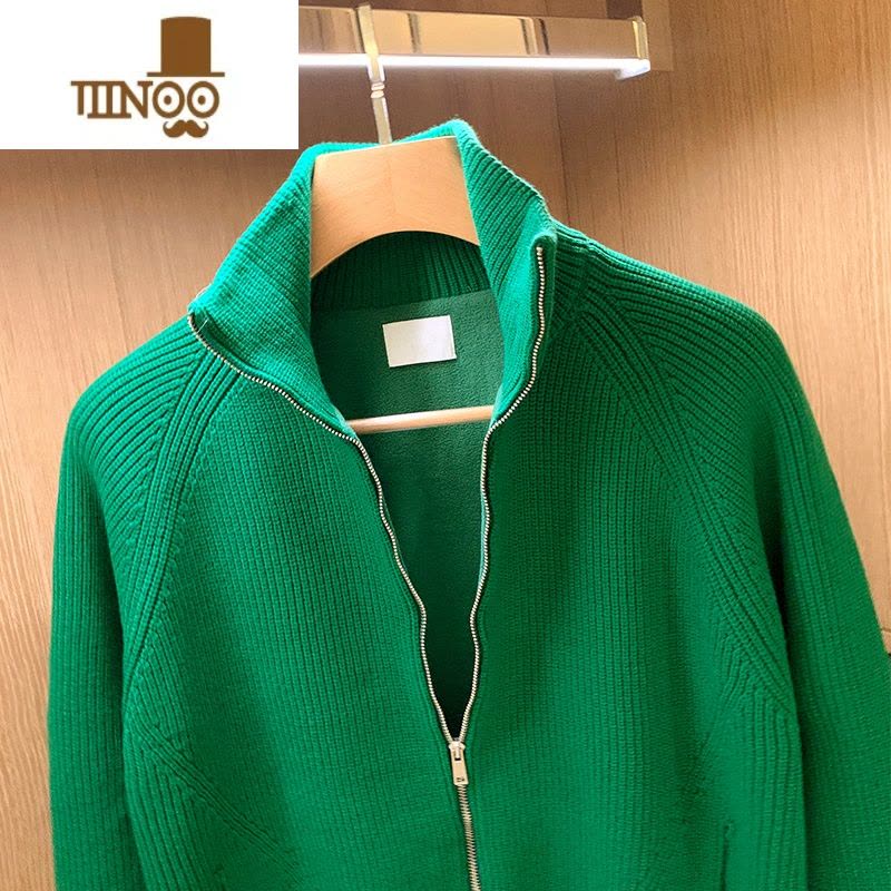 YANXU欧美简约绿立领拉链针织开衫男冬季加厚加绒半高领毛衣外套男图片