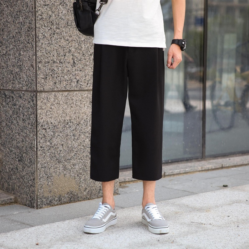 日韩风夏款阔腿裤男韩版宽松八九分裤纯色百搭休闲裤黑色裤子潮