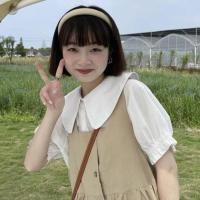 夏季娃娃领衬衫+韩版前后两穿背带连衣裙女学生宽松中长款两件套 白色衬衫(关注店铺送小礼物) S