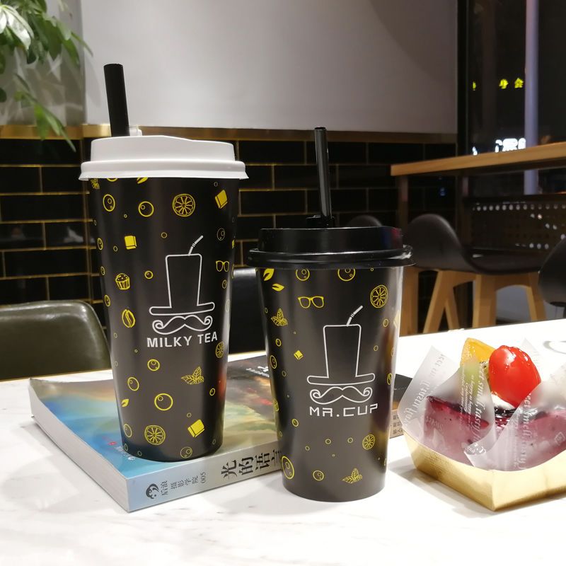 一次性咖啡奶茶纸杯加厚热饮300/400/500/700ml打包杯子带|黑色星巴克 400毫升带平盖100只