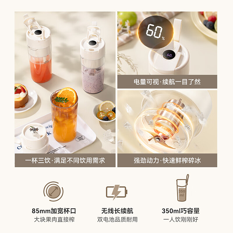 LOTOR榨汁机榨汁杯小型便携式水果果汁机无线果蔬果汁杯电动炸机汁家用沙冰机一机多用桶 350ML白色高清大图