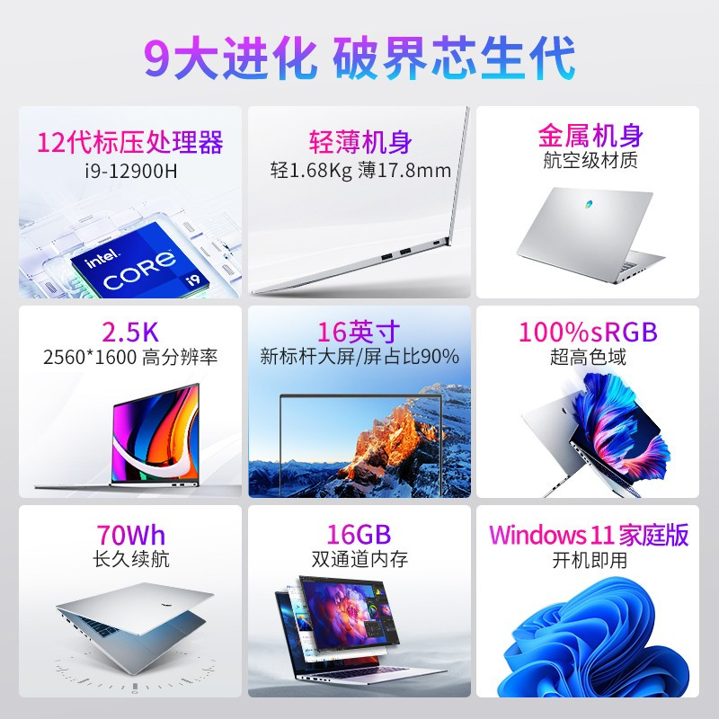 雷神(ThundeRobot) T-Book新品轻薄本 12代酷睿i9-12900H 16G 512G 2.5K 高色域 16英寸高性能商务办公游戏本设计师手提电脑笔记本电脑