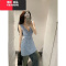 YIBUSHENG蓝色碎花v领背心连衣裙女装季度假修身短裙叠穿无袖收腰a字裙子