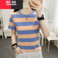 YIBUSHENG2024年新款装遮肚子宽松大码条纹短袖t恤女装正肩半袖体恤上衣 910蓝色 XL建议121-135斤