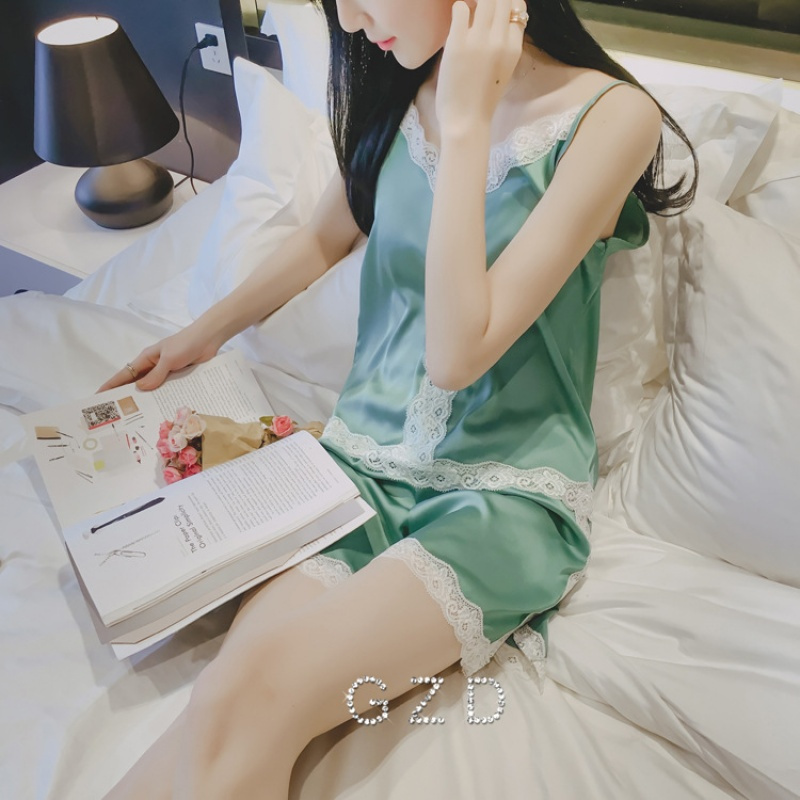 睡衣女夏季短袖性感仿真丝带蕾丝冰丝女韩版丝绸薄款家居服套装