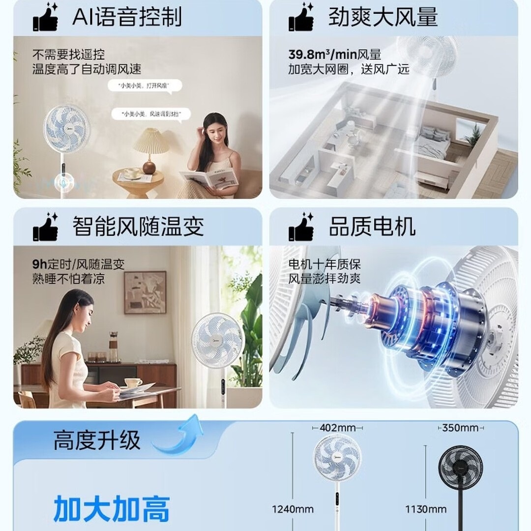 美的(Midea)电风扇家用远距送风遥控智能落地扇七叶智能感温立式电扇宿舍卧室摇头 AI声控风随温变款35AS高清大图