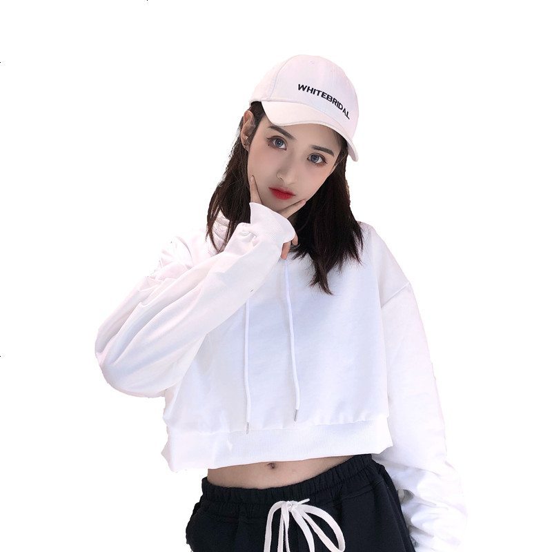 春秋女装短款露脐嘻哈街头风纯色连帽衫卫衣宽松jazz街舞上衣百搭