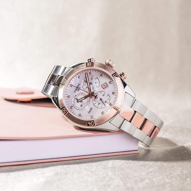 Tissot/天梭女士石英计时防水米瑞士镶钻珍珠母贝白盘腕表