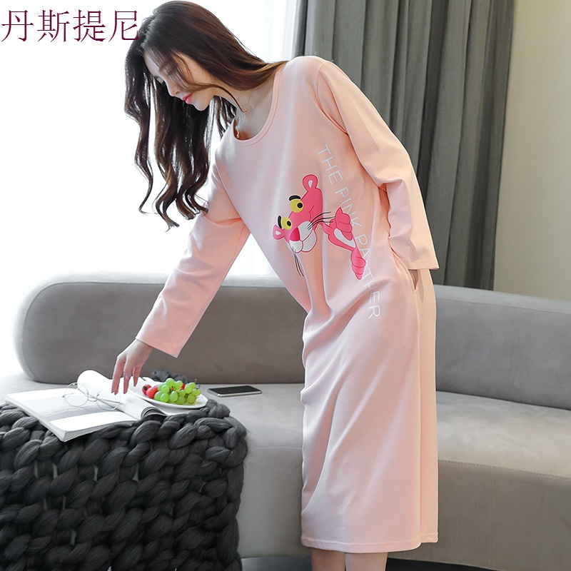 韩版长袖睡衣女春秋季超长款连衣裙过膝长款纯棉睡裙学生宽松睡衣