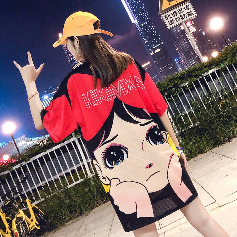 下衣失踪速干T恤女中长款2018夏宽松hiphop衣服卡通嘻哈少女上衣黑色(撑脸女孩)