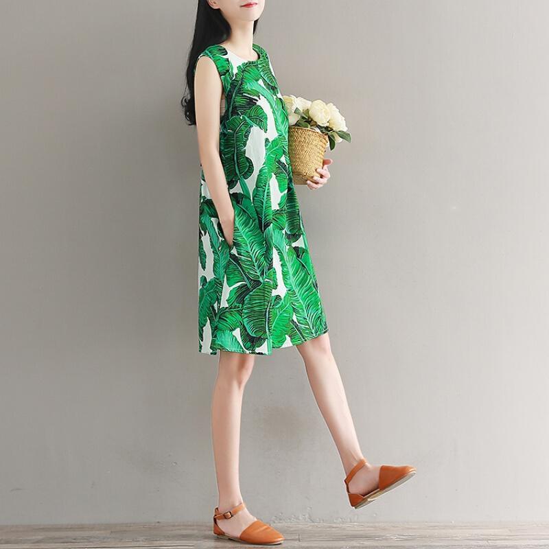 夏装文艺小清新印花棉质宽松显瘦度假圆领无袖背心裙连衣裙女绿光森林