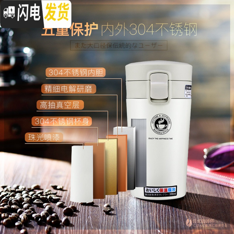 三维工匠咖啡杯便携保温杯女杯子创意不锈钢车载水杯男个性随行杯潮流 黑色300(礼盒装)