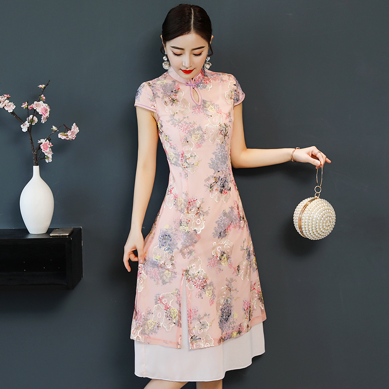 旗袍夏款女士新品女夏改良版蕾丝少女修身显瘦中长款小香风连衣裙