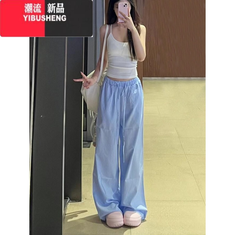 YIBUSHENG蓝色竖条纹休闲裤女季薄款垂感遛弯裤直筒裤子宽松阔腿拖地长裤高清大图