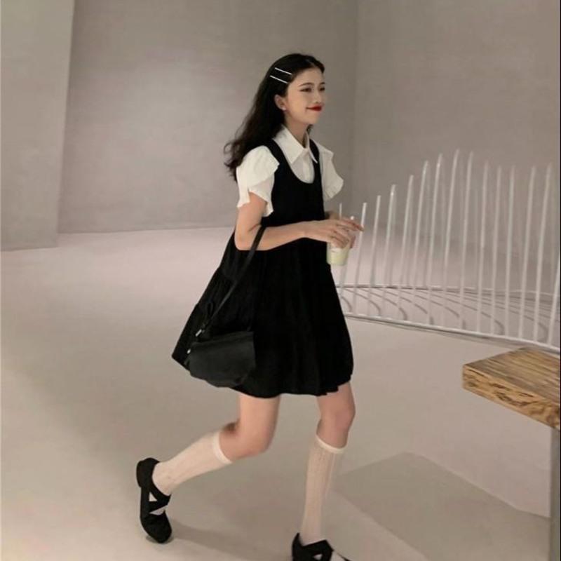 两件套时尚吊带连衣裙2021新款夏季可爱学生白衬衫+背带裙套装女 单背带裙 S