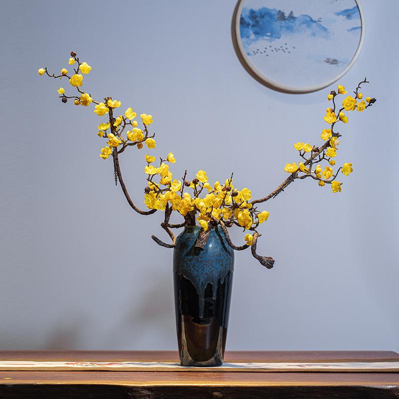 三维工匠 流釉花瓶 黄腊梅2支 情侣对鹿如图