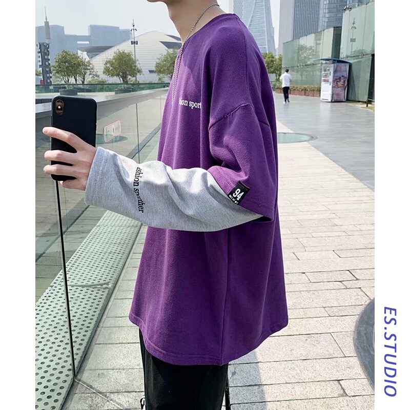 梵克公牛港风T恤男秋季学生ins超火假两件长袖上衣流宽松秋衣服