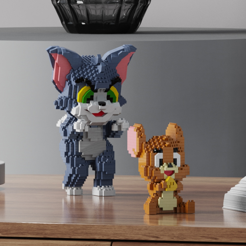 微型小颗粒拼装积木成人拼图儿童益智玩具3D摆件猫和老鼠桌面摆件