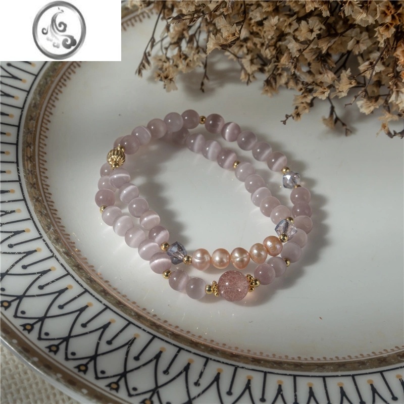 JiMi十里间【难得的紫眼石】甜美小清新淡水珍珠手链双层少女手串 猫眼珍珠手串37CM15以上手围