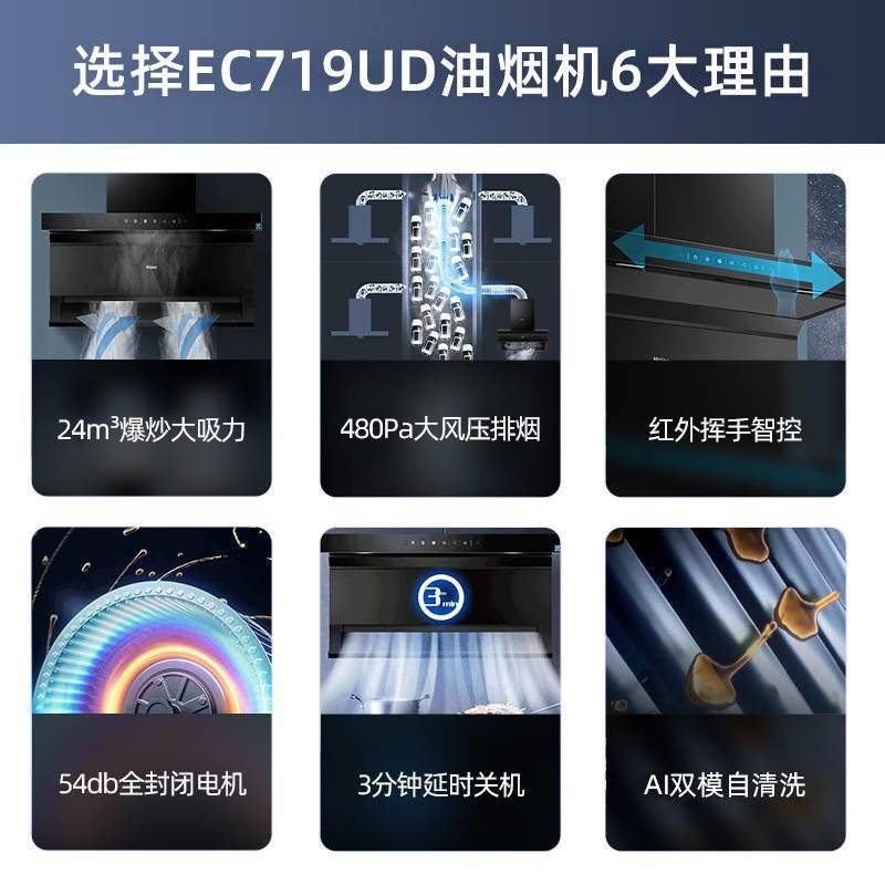 海尔(haier)抽油烟机燃气灶套装 组合家用厨房 大吸力自动清洗 智能抽油烟机联动灶具 7字型三件套EC719UD